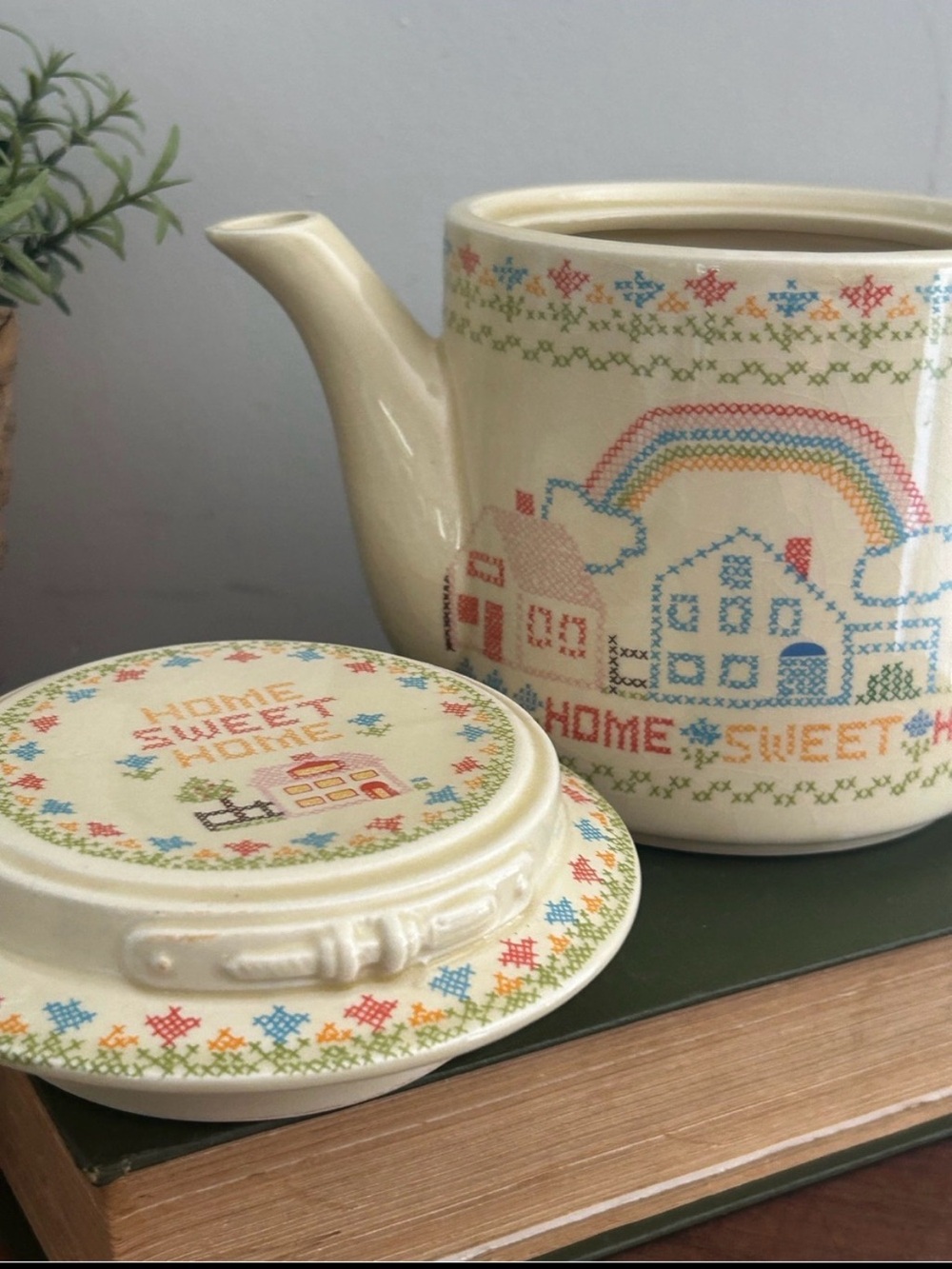 1982 Enesco "Home Sweet Home" ceramic teapot cross stitch village